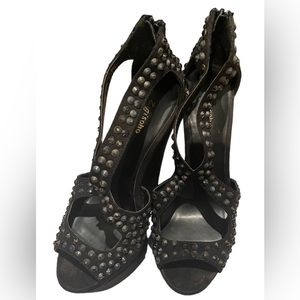Black Studded Rhinestone Suede Wedge Shoes.